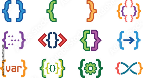 Programming code brackets icons set colorful developer symbols syntax coding software engineering script braces vector collection design elements