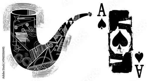 Graphic pipe smoking illustration with Ace of Spades card, halftone, abstract geometric shapes, vintage print style, isolated vector art.