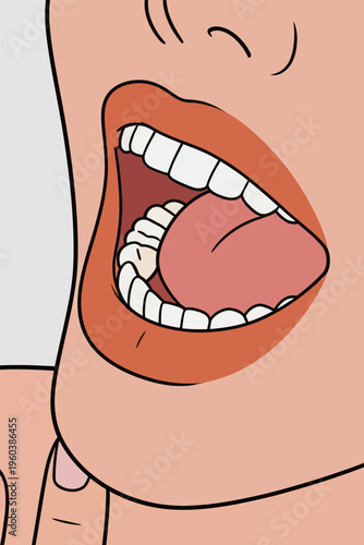 Open mouth shows teeth and tongue in a close-up view during a speech or expression in a simple background