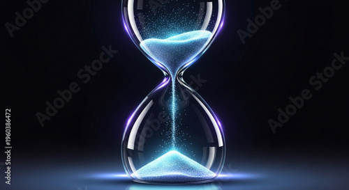 Glowing hourglass with blue sand flowing in dark background symbolizing time and urgency