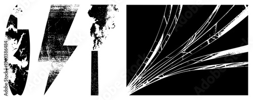 Stylized vector forms with halftone textures, abstract lightning and organic shapes, design, graphic art, digital illustration.