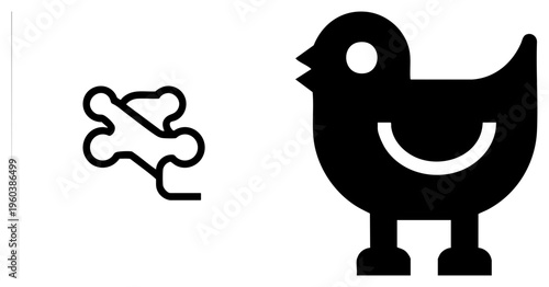 Stylized bird silhouette with curved beak and smiling arc, paired with bone, flat vector graphics, pet or nature themed design elements.