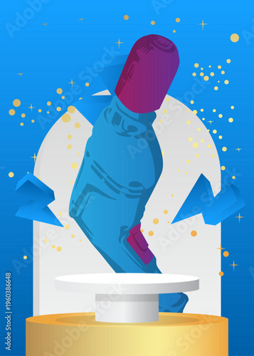 Mockup product display with Drill. Vector cylinder pedestal podium. Stage showcase for presentation. Minimal geometric forms.