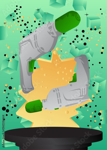 Mockup product display with Drill. Vector cylinder pedestal podium. Stage showcase for presentation. Minimal geometric forms.