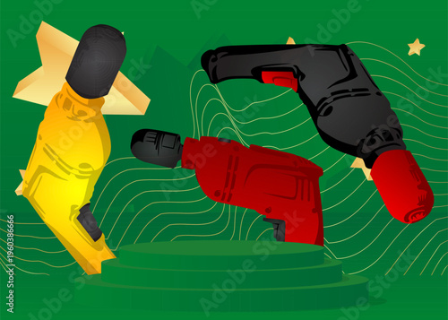 Mockup product display with Drill. Vector cylinder pedestal podium. Stage showcase for presentation. Minimal geometric forms.