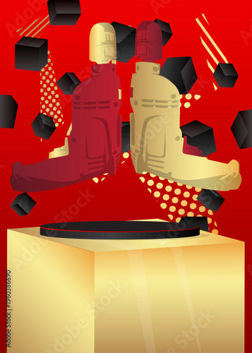 Mockup product display with Drill. Vector cylinder pedestal podium. Stage showcase for presentation. Minimal geometric forms.