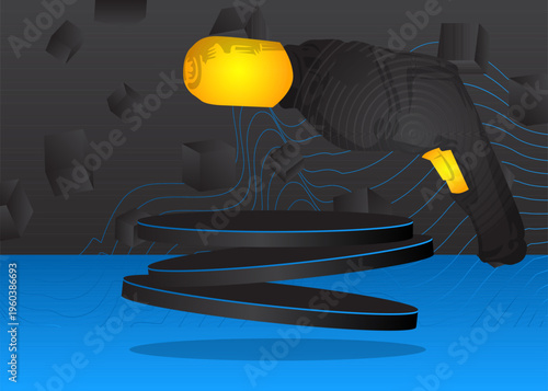 Mockup product display with Drill. Vector cylinder pedestal podium. Stage showcase for presentation. Minimal geometric forms.