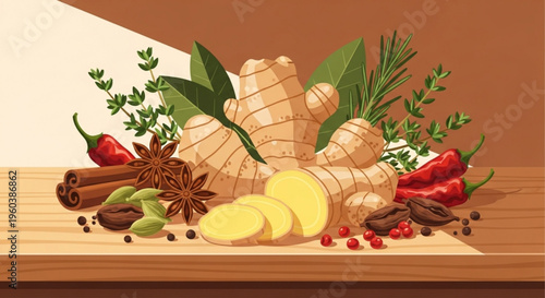 Fresh ginger roots and slices with spices on wooden cutting board herbs chili peppers cinnamon star anise and berries for cooking
