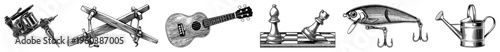 Tattoo, bowstring, ukulele, chess pieces, fishing hook, watering can, symbolic tools & crafts.
