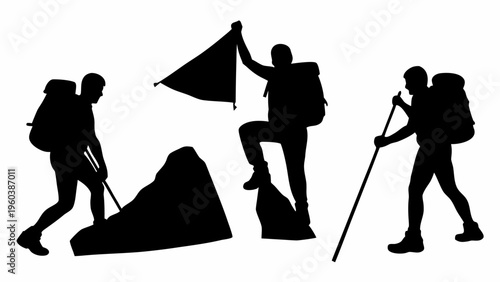 Hikers climbing mountain with flag backpacks trekking poles adventure concept