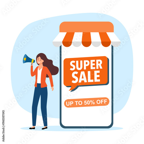 Online shopping via smartphone, discount advertising promotion on mobile screen vector illustration.