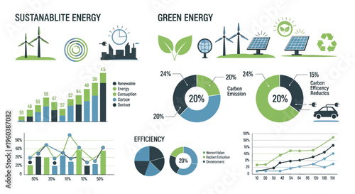 Eco friendly energy, sustainable power, green infographics, renewable resources, efficiency charts