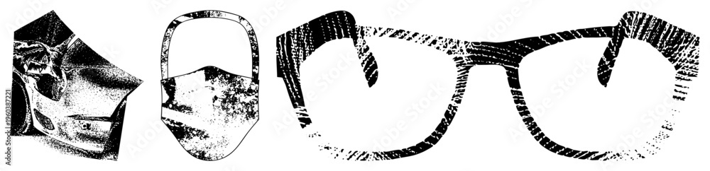 Obraz premium Retro car hood, protective face mask, classic eyeglasses rendered in halftone vector art, textured design, graphic elements for branding or apparel.