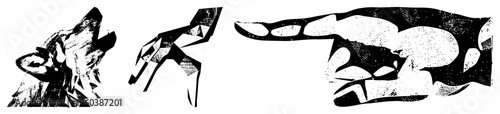 Stylized black and white vector illustrations of a howling wolf, angular human form, and pointing hand, rendered in halftone dot, graphic design elements, isolated foreground subjects.