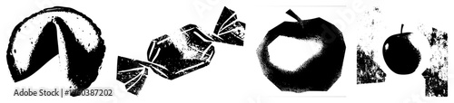 Retro halftone illustrations of fortune cookie, candy,, and plum with distressed textures, vector art, black and white, isolated objects.