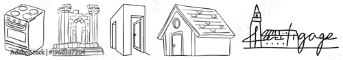 Simple black drawings of stove, ruins, door, house, mosque vector sketches, architectural elements, home essentials, urban landmarks.