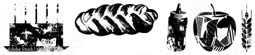 Retro styled bread,, wheat, condiment bottle, and cake with candles rendered in bold black and white linocut, halftone shading, and distressed texture for artisanal design.