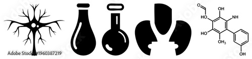Scientific symbols representing brain cells, lab glassware, brain tissue, and molecular formula, ideal for medical or research visuals.