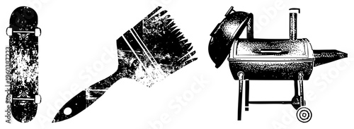 Vintage distressed skateboard, paintbrush, charcoal grill, urban art, DIY tools, street culture, creative equipment.