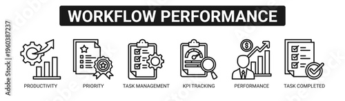 Workflow Performance web banner icon vector illustration concept with icons of productivity, priority, task management, KPI tracking, performance, and task completed.