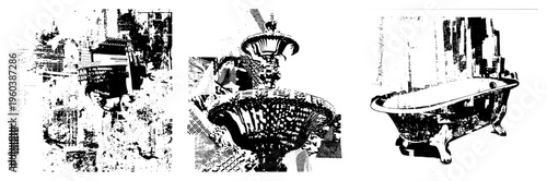 Classic decorative fountain with tiered basin and sculptural spout, vintage clawfoot bathtub with ornate feet, halftone vector illustration, bathroom fixtures, antique design, black and white graphic.