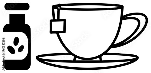 Jar of roasted coffee beans beside teacup with saucer and tea bag, minimalist drink, caffeine beverage, morning ritual, coffee or tea symbol.