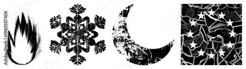 Halftone vector flame, snowflake, moon, star mosaic. Black & white textured graphics. Ideal for design/print. Synonyms set, emblem collection, symbolic illustration.