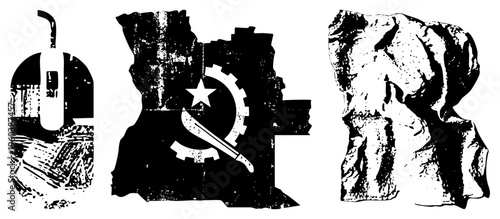 Retro computer mouse with textured, Soviet hammer and sickle emblem on torn background, rugged rock formation, halftone graphic, isolated vector elements.