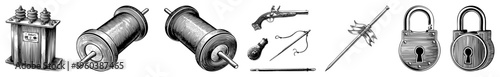 Historical engineering instruments including, spools, flintlock pistol, lightbulb, quill pen, dagger, and padlocks, rendered in classic engraved style.