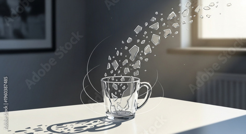 A clear glass mug on a white table with steam rising set against a dark room with a window and radiator in the background illuminated