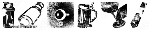 Vector halftone style of drink containers including spray can, bottle, coffee cup, beer mug, wine glass, and cocktail shaker, all isolated with textured dot.