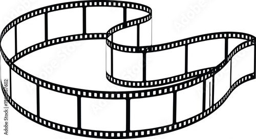 Film strip illustration, cinematic reel ribbon design, vintage movie tape element, photography and video production concept, black vector isolated