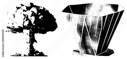Nuclear mushroom cloud silhouette, halftone diamond gemstone, black and white vector art, isolated graphic elements, atomic symbol, gemstone rendering.