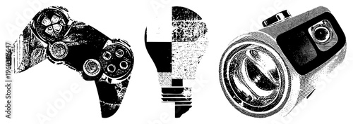 Retro gaming controller, classic lightbulb, analog camera stylized halftone vector, isolated graphic elements, tech nostalgia, design.