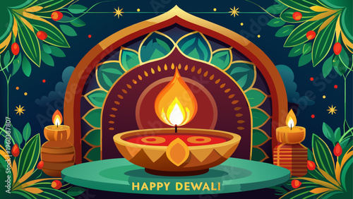 A lit diya lamp on a decorative table with candles