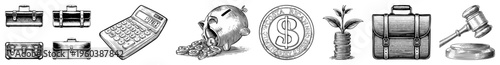 Financial briefcase, calculator, piggy bank, dollar coin, plant on coins, gavel. Vector symbols for finance, accounting, legal themes.