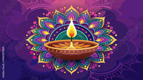 A colorful diya lamp with a flame on top