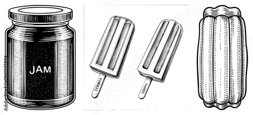 Classic glass jar labeled “JAM”, two striped popsicles on sticks, and a bundle of cane sugar rendered in black and white halftone vector style. Sweet treats illustration with vintage aesthetic.