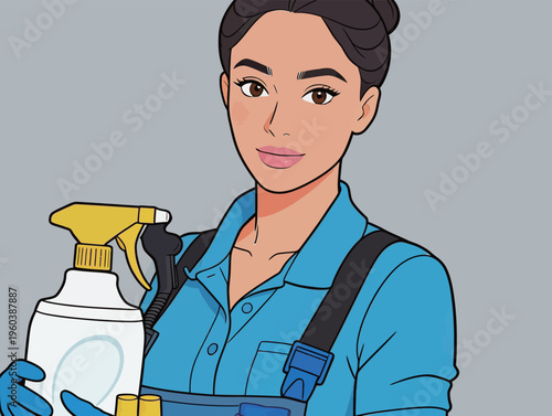 Woman holding cleaning supplies standing in front of a gray background during a cleaning activity