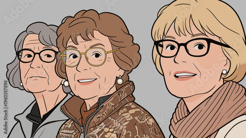Older women smiling and posing together with friendly expressions in a graphic style illustration