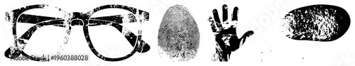 Distressed glasses, fingerprint swirl, handprint, shoe tread vector, grunge texture. Synonyms spectacles, print, footprint, palm, sole.