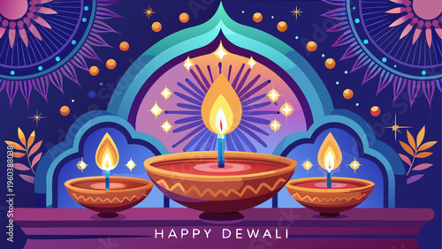 Three traditional diyas with lit candles on a decorative table