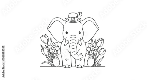 Elephant in Hat Surrounded by Flowers Coloring Page.