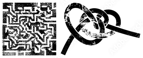 Graphic design featuring maze like geometric and a stylized knot, rendered in high contrast with grainy texture, ideal for modern minimalism or urban street art.