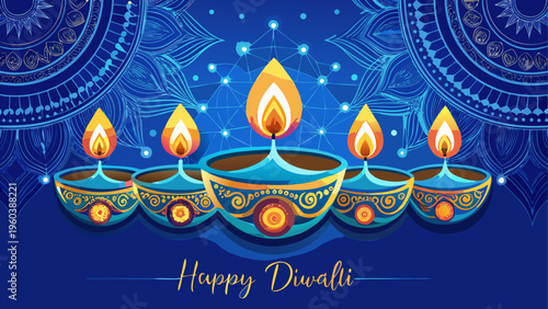 A row of diyas with orange flames on blue and gold holders