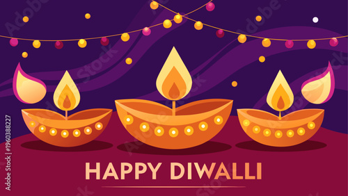 Three diyas with lit wicks and decorative lights