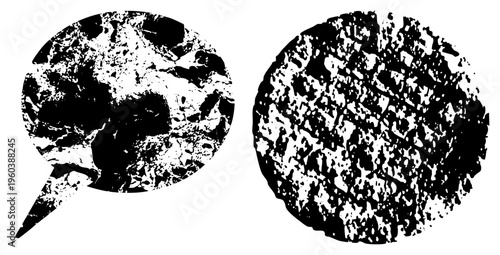 Abstract circular graphic elements with gritty halftone texture, speckled noise effect, design, digital art, vector silhouette.