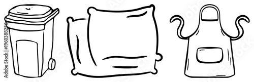 Hand drawn doodle set of household items trash bin, cushion, apron minimalist style, ideal for clipart or design projects.