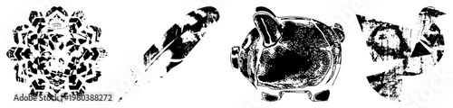Black/white vector art with fragmented shapes, stylized birds & piggy banks, halftone textures, graphic motifs, abstract mandala, textured cutouts.
