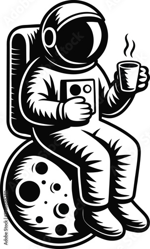Astronaut Drinking Coffee on Moon Vector Illustration